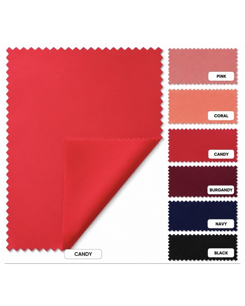 Premium Satin Memory fabric — available in Pink, Coral, Candy, Burgundy, Navy, Black